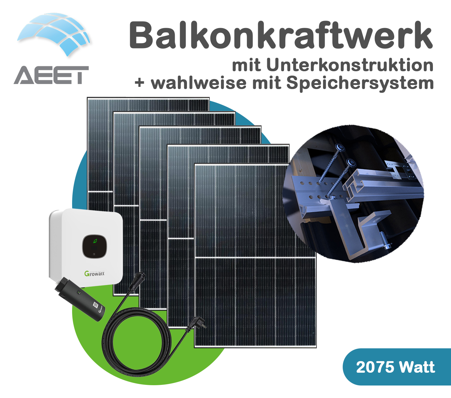 Balkonkraftwerk-2075 Watt mit Halterung Ziegeldach